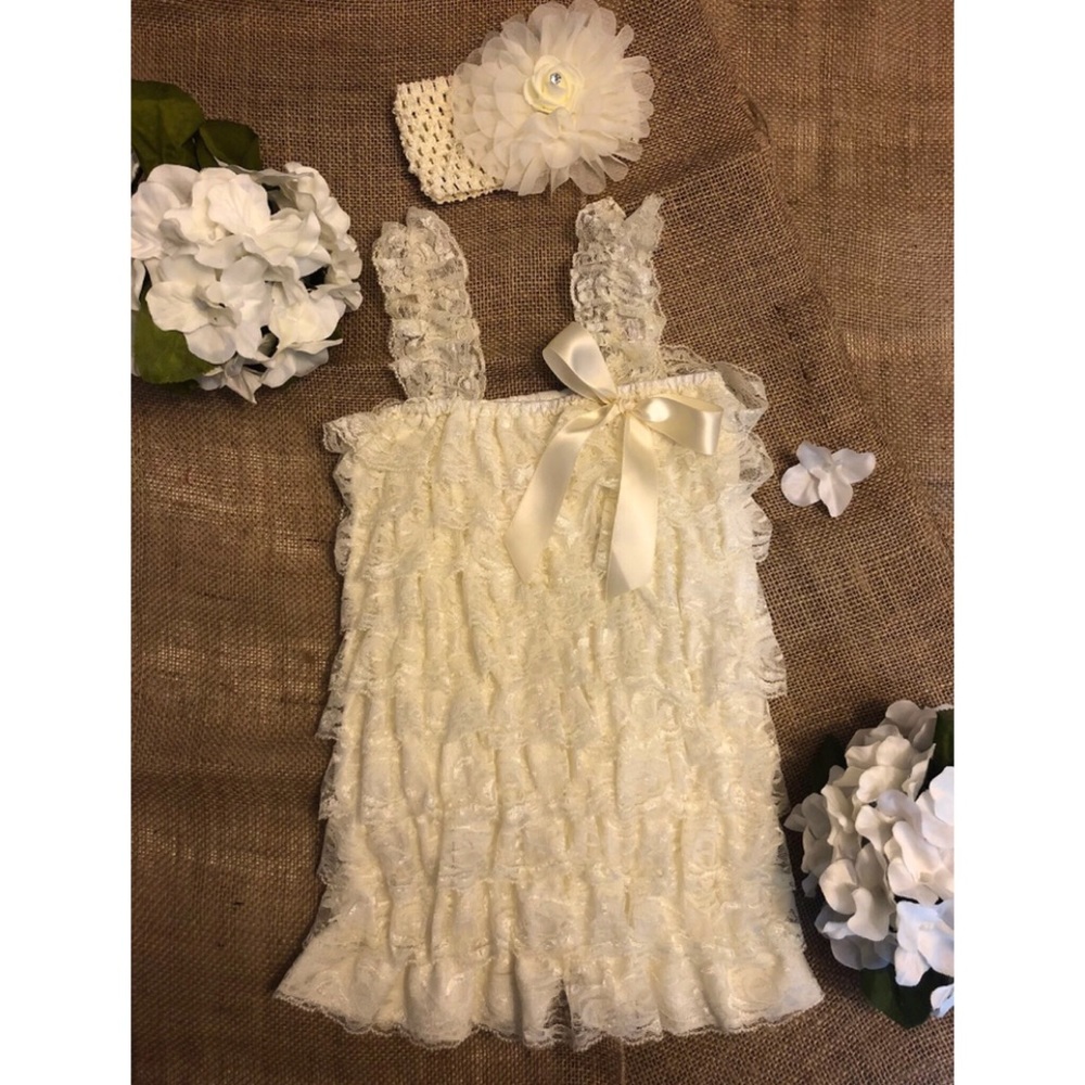 Girl Ivory Lace Romper with Headband Set